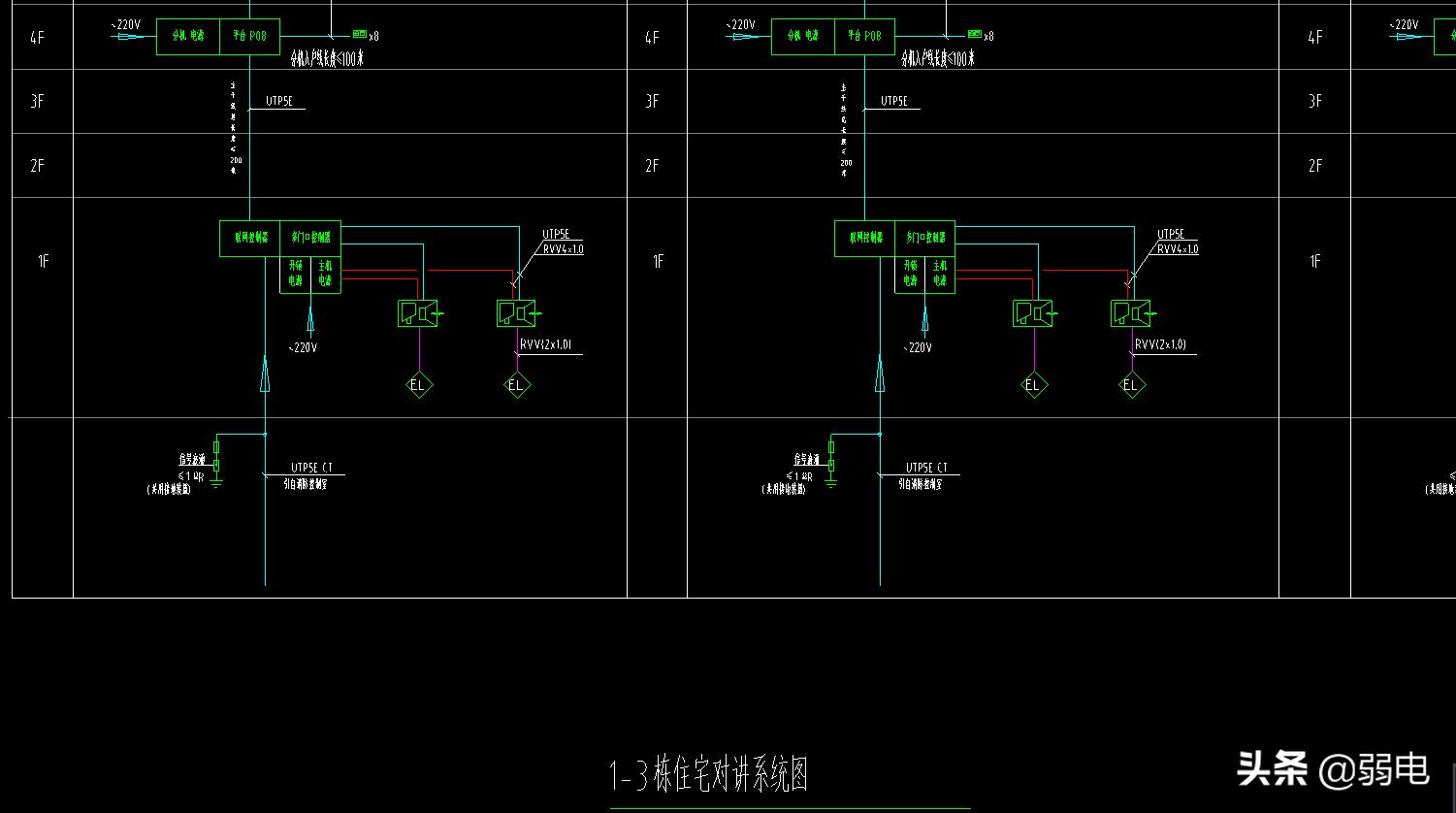 一份楼宇对讲系统图，接线与分机安装图